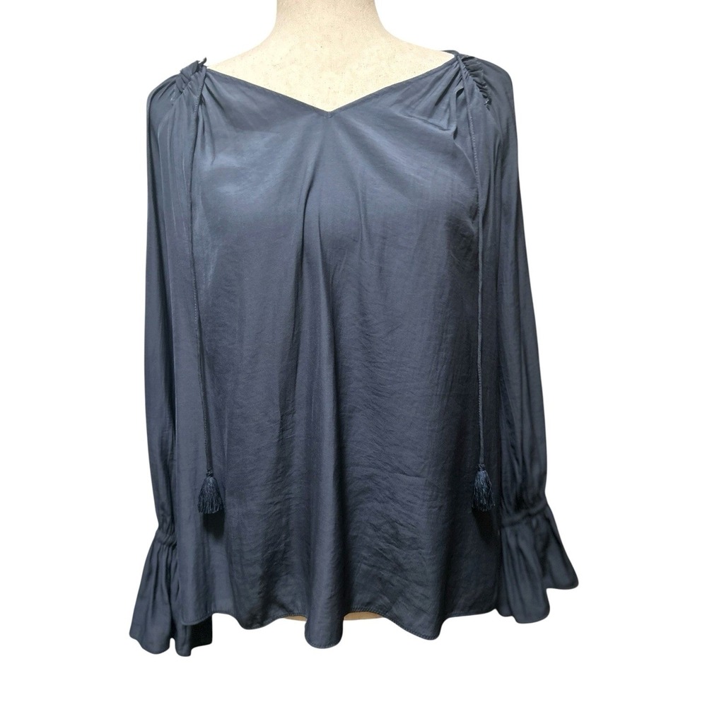 Ramy Brook Navy Blue Peasant Blouse Tassel Long Sleeve Silky Small Poetcore